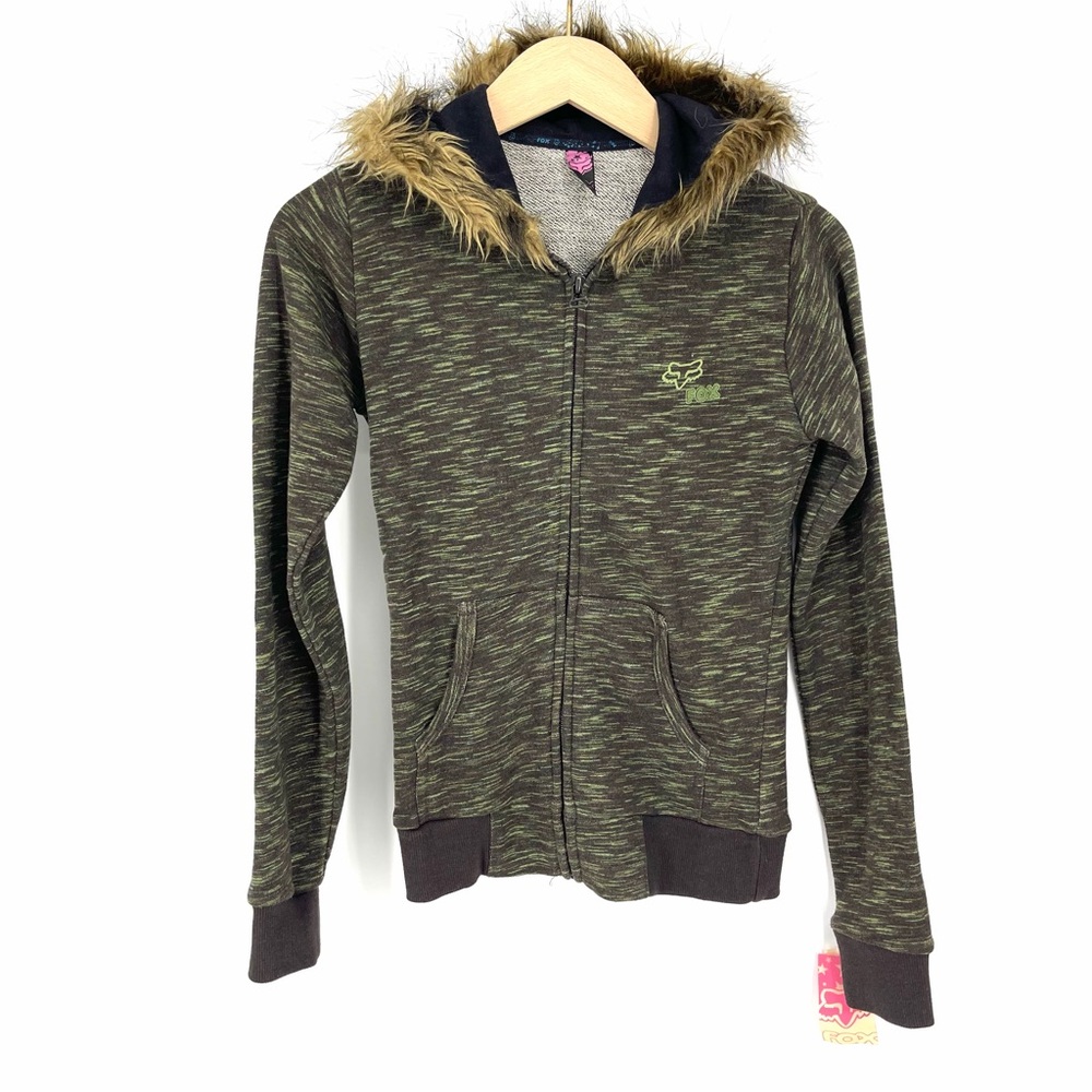 ✨Y2K Fur Trim Hoodie S Fox Racing Green Zip-Up Nostalgia Early 2000s Deadstock